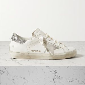GOLDEN GOOSE Super-Star embellished distressed glittered leather sneakers